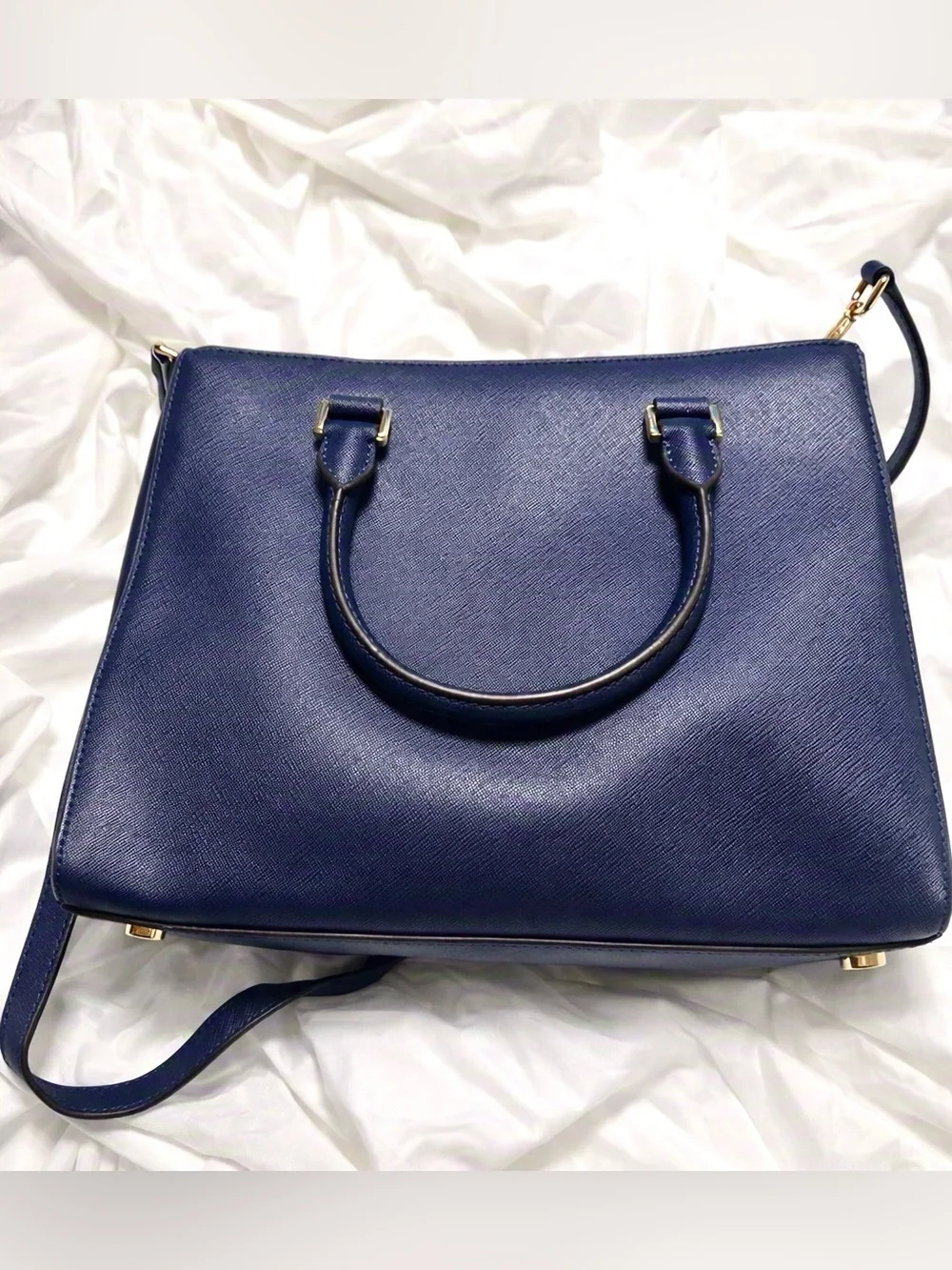 Michael Kors Navy Saffiano Satchel with Gold MK Charm